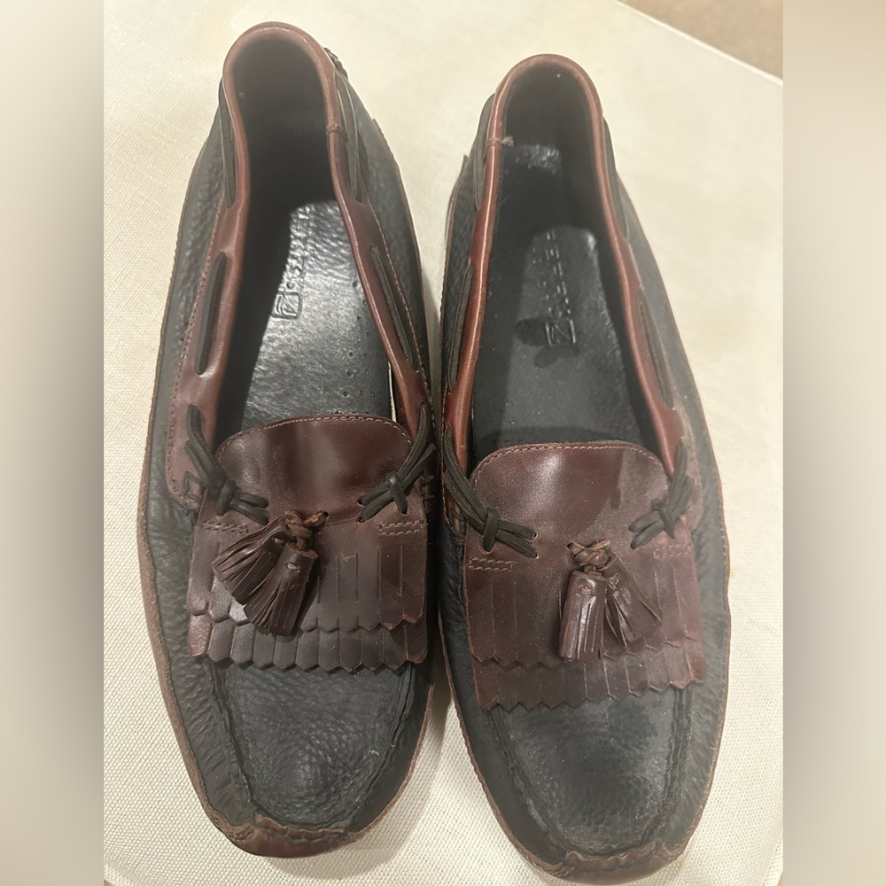 Sperry Black and Brown Leather Tassel Loafers 13M